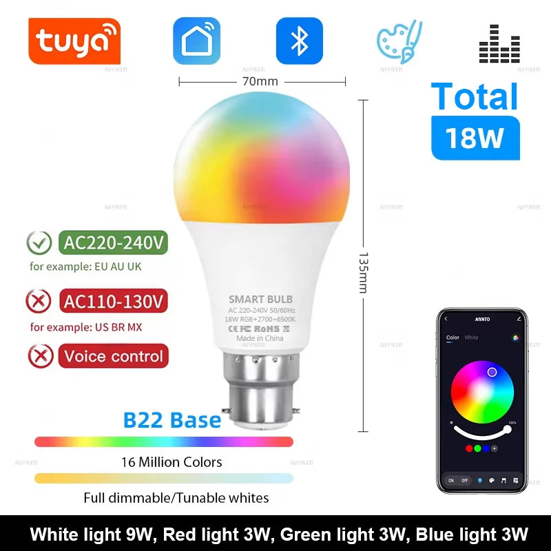 Tuya Bluetooth LED Bulb Dimmable 15W 18W E27 B22 220V RGBCW Color Change Lamps Smart Life APP Group Control Music Rhythm Timing