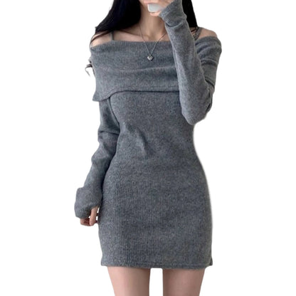 Womens Dresses Spring Fashion Cold Shoulder Lantern Sleeve Casual Plain Long Sleeve Daily Mini Knit Sweater Dress Woman Clothing
