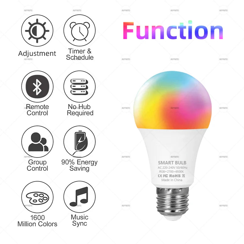 Tuya Bluetooth LED Bulb Dimmable 15W 18W E27 B22 220V RGBCW Color Change Lamps Smart Life APP Group Control Music Rhythm Timing