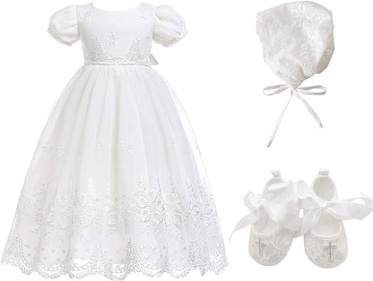 Baby-Girls Newborn Satin Christening Baptism Floral Embroidered Dress Gown Outfit