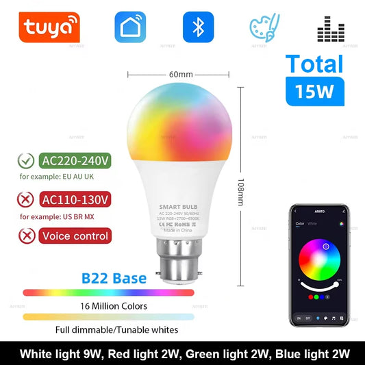 Tuya Bluetooth LED Bulb Dimmable 15W 18W E27 B22 220V RGBCW Color Change Lamps Smart Life APP Group Control Music Rhythm Timing