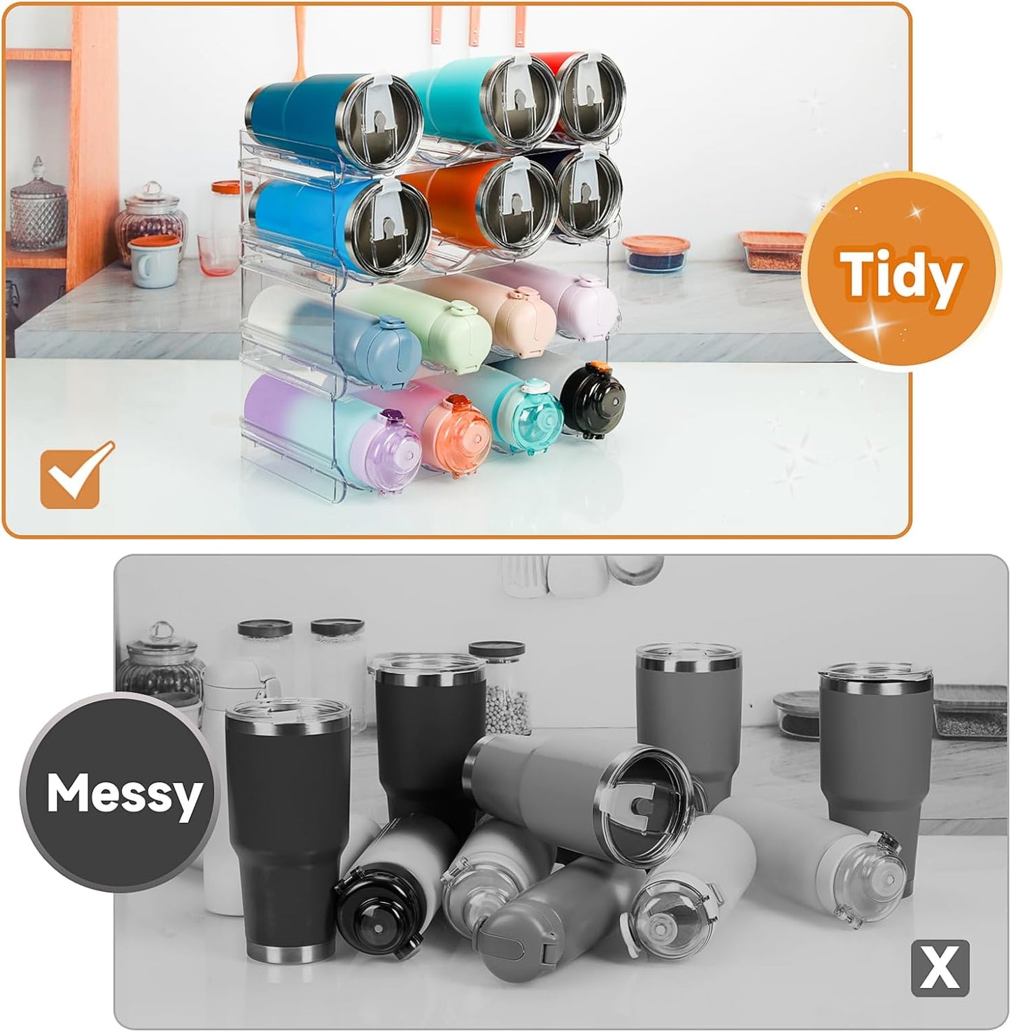 Stackable Water Bottle Organizer, Large Compartment Water Bottle Holder, 4 Tier Clear Water Bottle Organizer for Cabinet, Bottle Rack for Kitchen Organization and Storage - Hold 16 Bottles